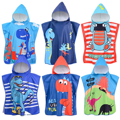 Children's Bath Towel Poncho Hooded Cartoon Print Towel Baby Home Bath Absorbent Windproof Warm Bathrobe